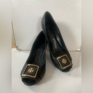 Tory Burch Black Peep Toe Wedge Pumps with Gold Signature Logo